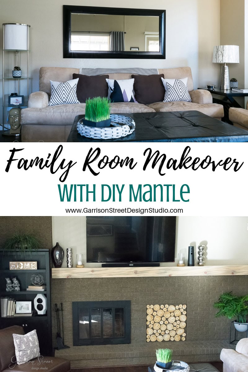 Split image of a family room makeover. Top: beige sofa with pillows, black throw, large mirror. Bottom: newly added DIY mantle, TV above, decor on shelves, fireplace with log design. Text: "Family Room Makeover with DIY Mantle" and website link.