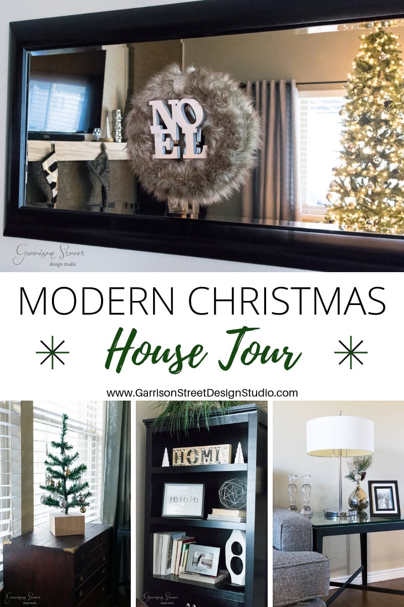 Collage of a stylish Christmas house featuring a decorative "NOEL" wreath on a mirror, a living room with a modern Christmas tree, and a shelf with festive decor. Text reads "Modern Christmas House Tour" with a website link.