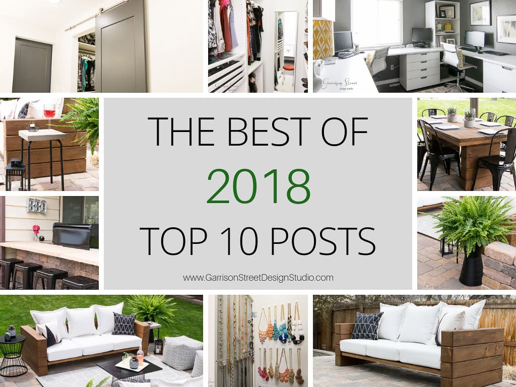 Collage of interior and exterior design photos with text in the center reading "The Best of 2018 Top 10 Posts." Features include a home office, outdoor seating, plants, and various home decor elements.