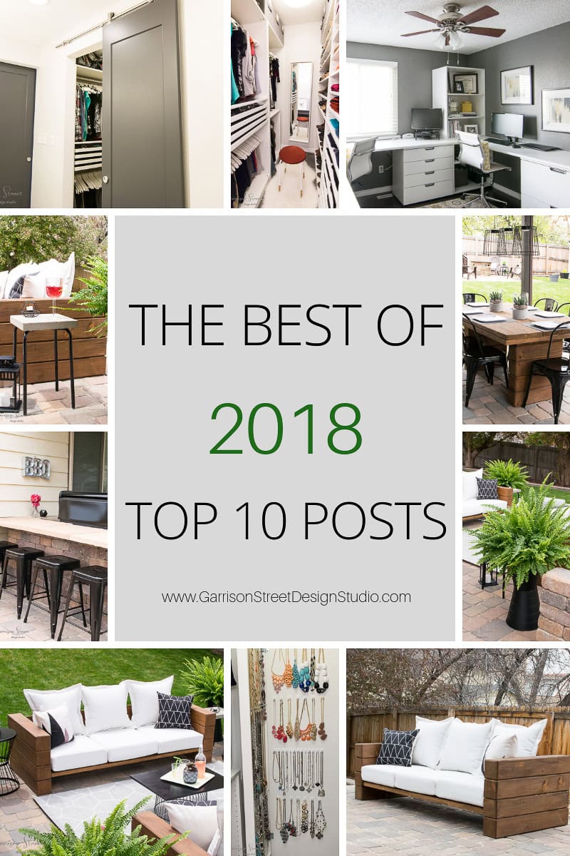 Collage highlighting "The Best of 2018: Top 10 Posts" from Garrison Street Design Studio. Includes home office, outdoor dining, closet, plant decor, and cozy backyard settings.