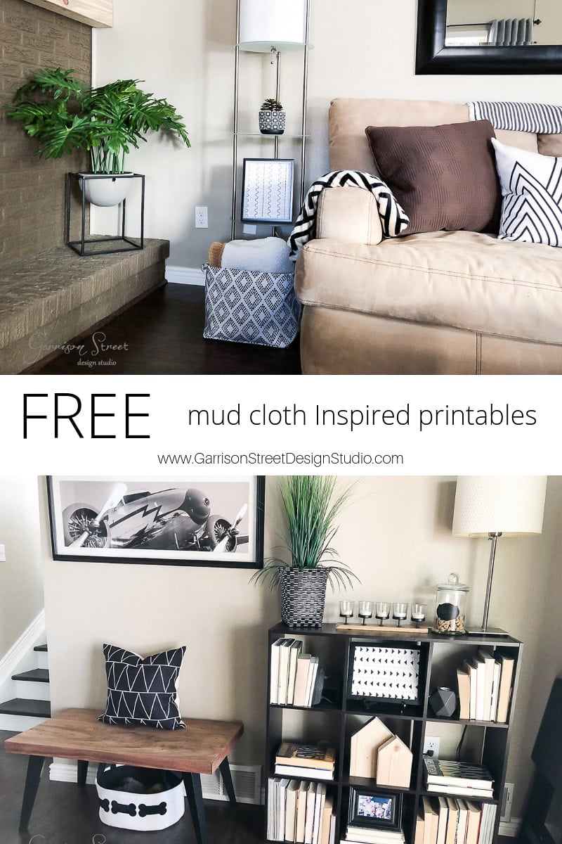 A cozy living room features a beige sofa adorned with black and white pillows, complemented by a modern lamp. A shelf with books and decor showcases geometric accents. A plant graces the mantel above the fireplace. Text reads "FREE mud cloth printables" offering stylish design inspiration.