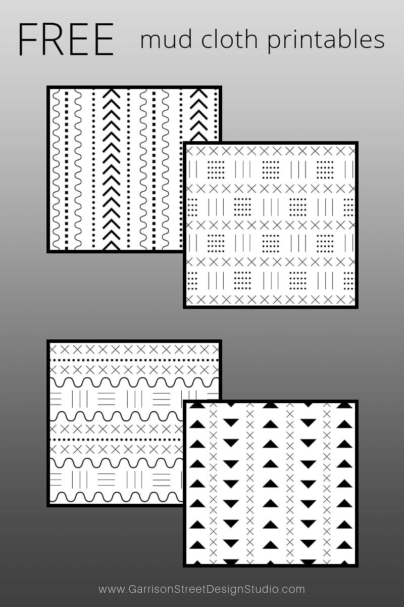 Four black-and-white mud cloth printables featuring geometric patterns like arrows, lines, and shapes are showcased on a gradient gray background. The text proudly announces "FREE mud cloth printables," with a convenient website link at the bottom.