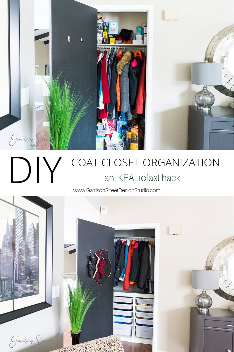 Two images showcase a DIY closet organization using IKEA Trofast. The top displays a cluttered closet with coats and various items, while the bottom reveals a neatly organized space with bins and neatly hung coats. A stylish room serves as the backdrop, highlighting efficient closet solutions.