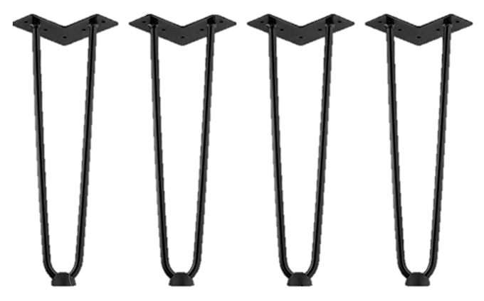 Four black metal hairpin table legs arranged in a row against a white background, perfect for your next DIY bench project.