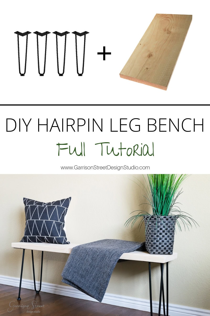 A DIY tutorial poster showcases sleek hairpin legs and a wooden plank with text reading "DIY Hairpin Leg Bench Full Tutorial." Below, an image of the completed bench features a geometric pillow and plant, epitomizing stylish simplicity.