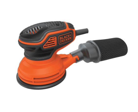 An orange and black Black+Decker electric sander with a dust collection bag attached, perfect for DIY projects. This tool is expertly designed for sanding and smoothing surfaces, making it an essential addition to your workbench.