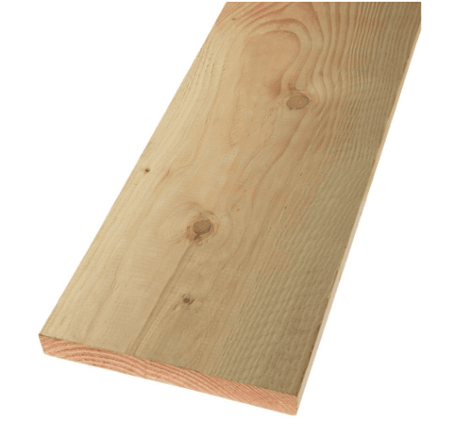 A close-up of a flat, light-colored wooden plank with visible grain patterns and a few knots, ideal for DIY projects. The smooth edges hint at its potential as a bench top with hairpin legs. Angled diagonally across a white background, it invites creativity and craftsmanship.