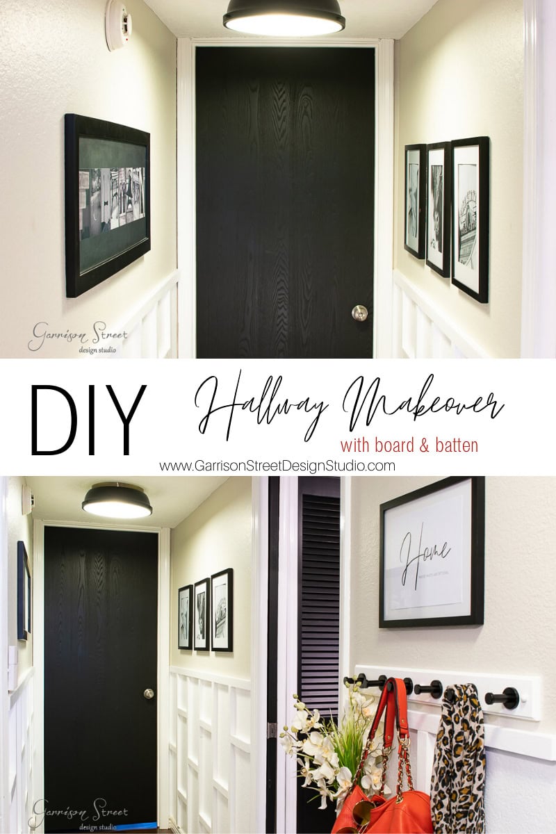 The hall showcases a DIY makeover with board and batten, adorned with black and white framed photos, a sleek black door, and a coat hook displaying a red bag alongside a bouquet of flowers. The style is modern and minimalist.