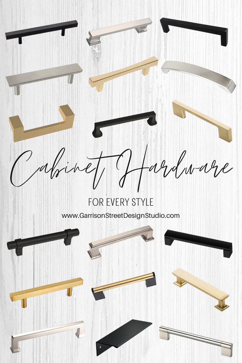 A collection of cabinet hardware pieces showcases various styles and finishes, including silver, gold, and black, displayed on a white wood background. Text reads "Hardware for Every Style.
