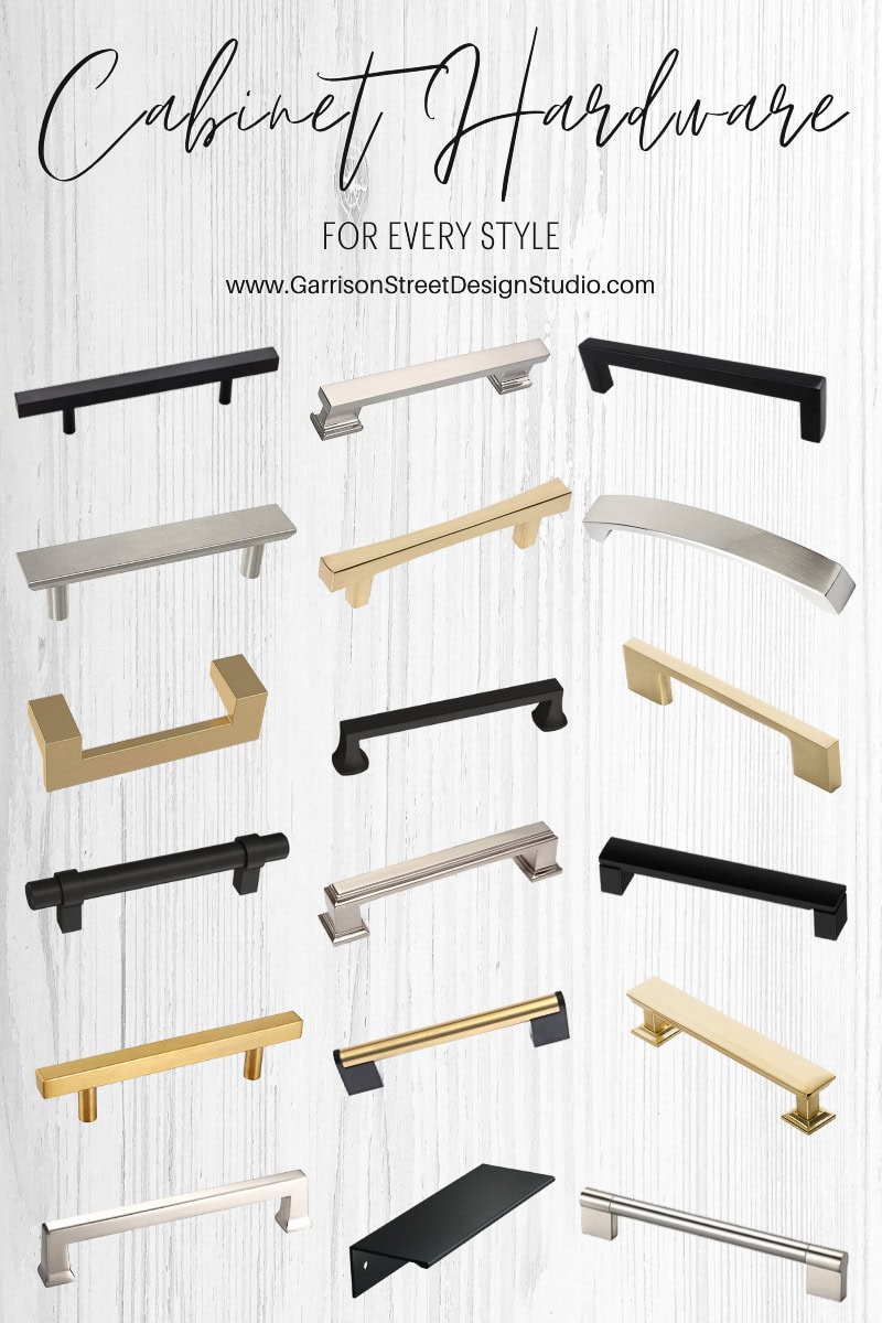 An assortment of cabinet hardware in various styles and finishes, including black, gold, silver, and bronze handles and pulls, displayed on a white background. Text reads "Hardware for Every Cabinet Style" with a website link.
