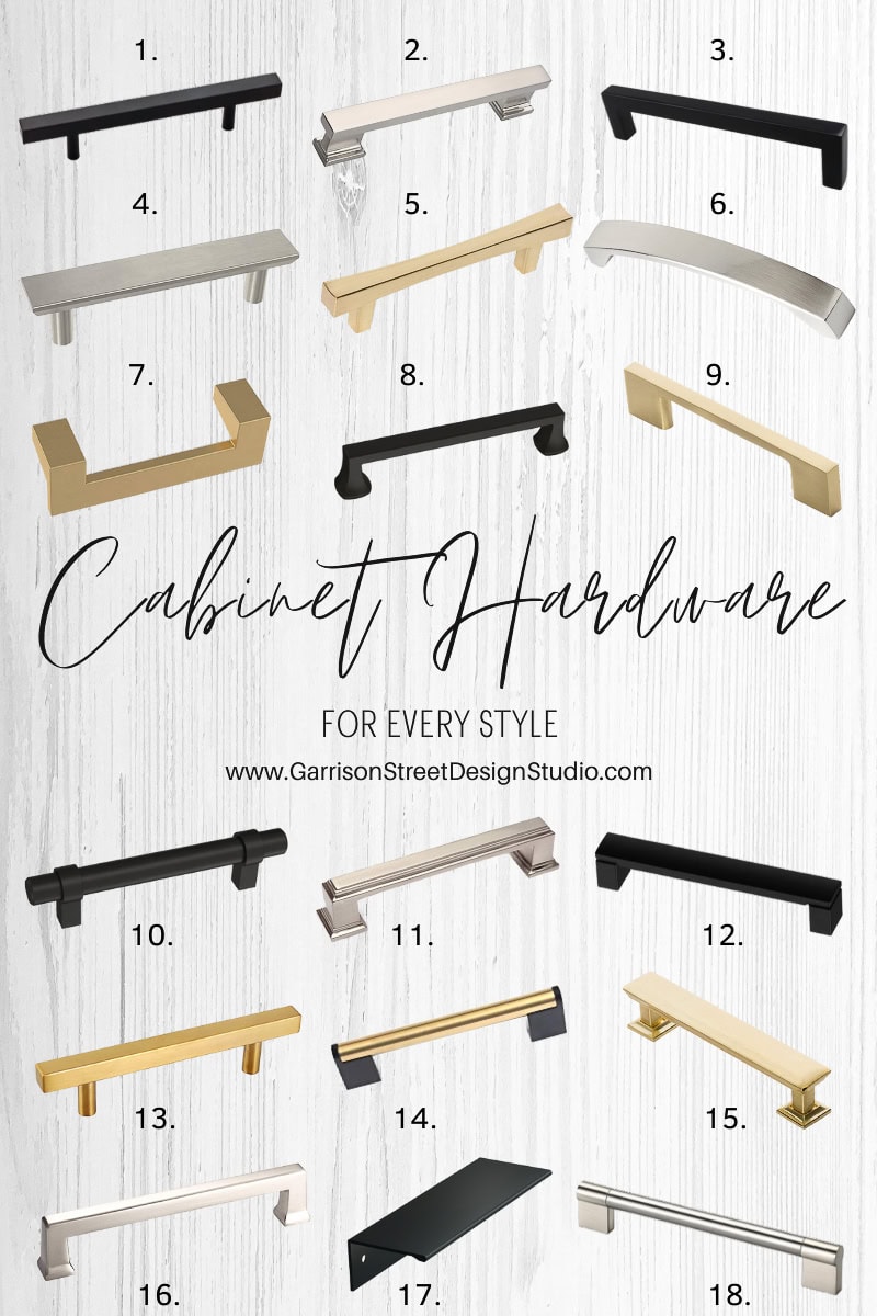 A captivating collage presents diverse cabinet hardware designs in gold, black, and silver finishes. Eighteen numbered styles are showcased against a white wooden backdrop with the text "Cabinet Hardware for Every Style," perfect for enhancing any cabinet.