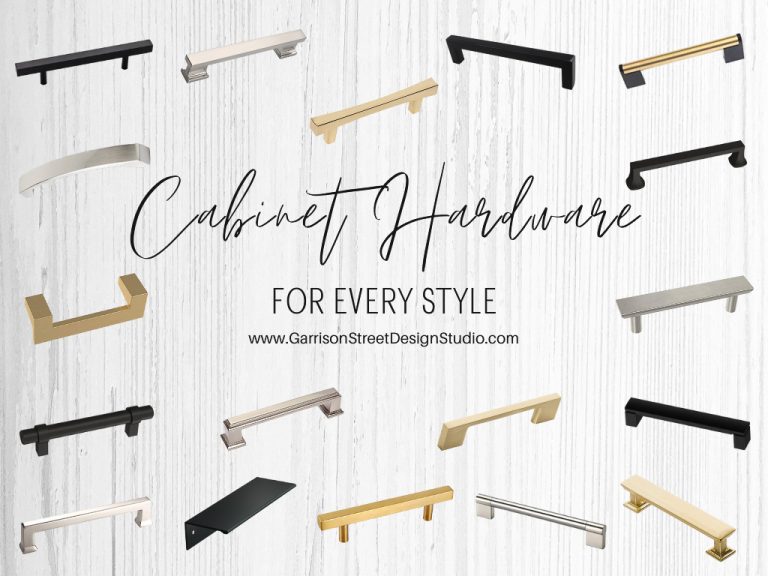 A variety of cabinet hardware handles displayed on a wood-textured background. Includes handles in gold, silver, black, and brass, with styles ranging from modern to traditional. Text reads "Cabinet Hardware for Every Style.