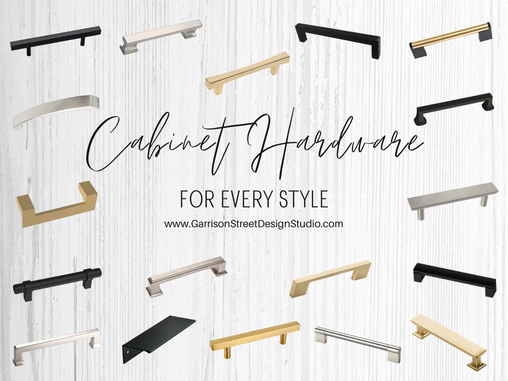 A variety of cabinet hardware handles displayed on a wood-textured background. Includes handles in gold, silver, black, and brass, with styles ranging from modern to traditional. Text reads "Cabinet Hardware for Every Style.
