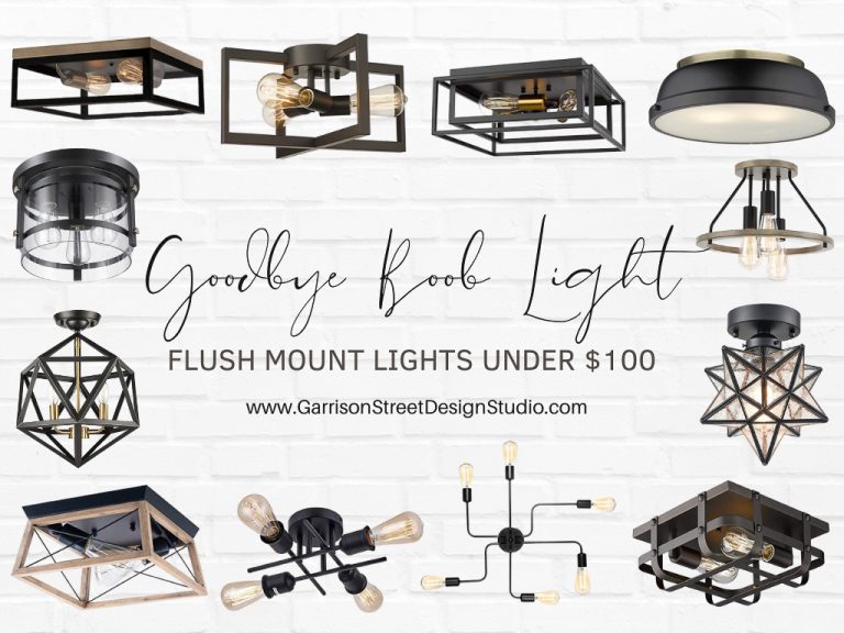 A variety of stylish flush mount lights with geometric and industrial designs are displayed against a white brick background. Text reads "Goodbye Boob Light, Flush Mount Lights Under $100" with a website link below.