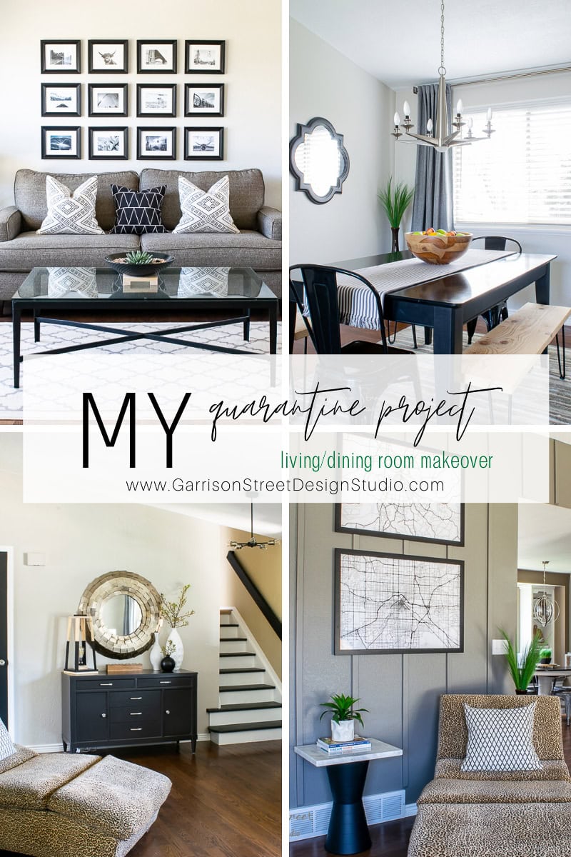 Collage of a quarantine makeover: The living room showcases a sofa with decorative pillows, wall art, and a glass coffee table. The dining area features a wooden table and chandelier. Additional decor includes a mirror and framed artwork, highlighting the project's transformation charm.