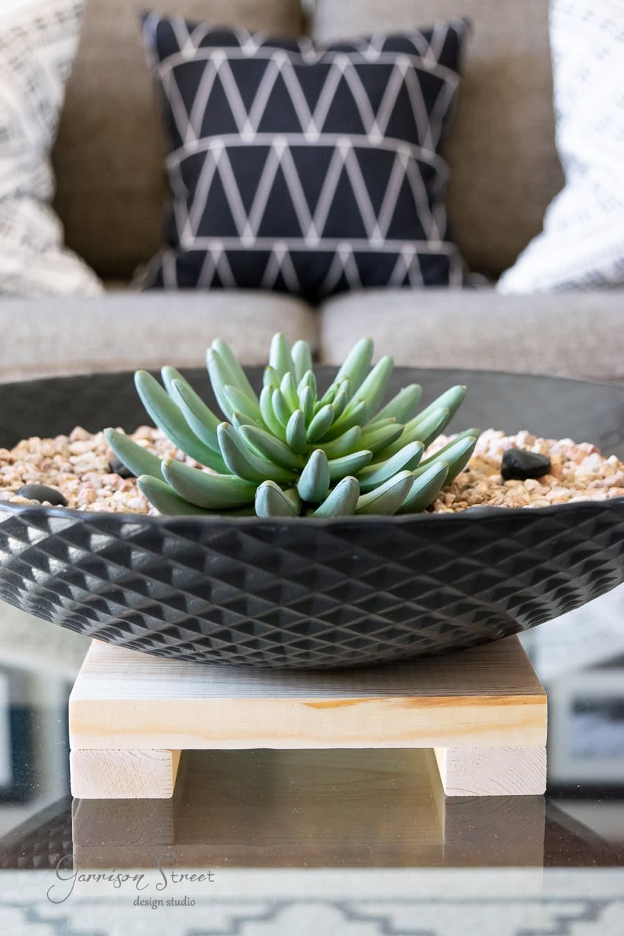 A decorative black bowl with a textured pattern holds a succulent plant surrounded by small pebbles, adding a touch of nature to your quarantine project. The bowl sits on a square wooden stand atop a glass table, while in the background, a gray couch boasts geometric-patterned cushions.