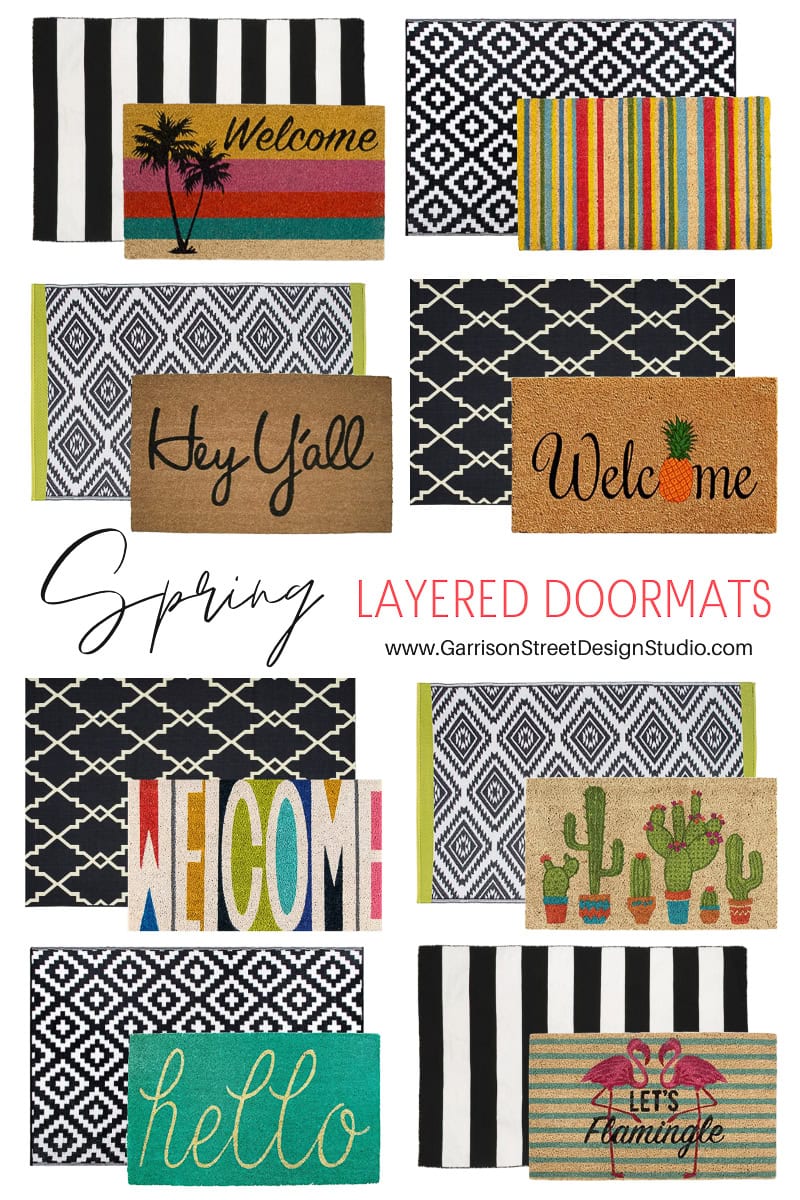 A vibrant collection of layered doormats featuring cheerful greetings like "Welcome," "Hello," and "Hey Y'all." With patterns of stripes, geometric shapes, and playful cacti and flamingos, they're perfect for your spring decor.
