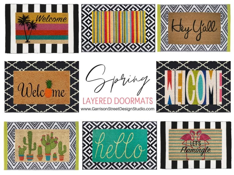 A collage of colorful spring-themed doormats featuring various designs, such as cacti, flamingos, stripes, and welcoming messages like "Hello," "Welcome," and "Hey Y'all." The background displays a mix of patterns and colors.