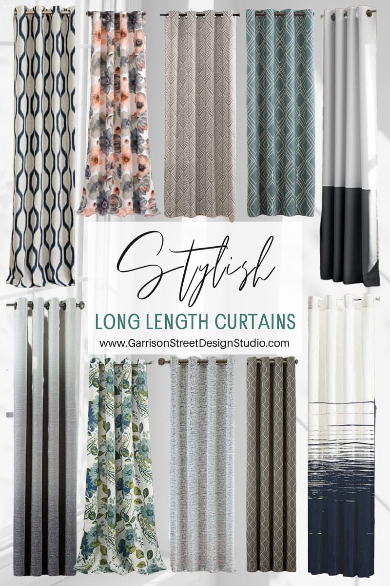 A collage of chic long-length curtain designs showcases geometric, floral, and abstract patterns in diverse colors like blue, gray, and green. The text reads "Stylish Long-Length Curtains" with a website link.