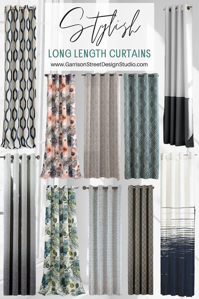A variety of stylish long length curtains with different patterns displayed on a grid. Designs include geometric, floral, abstract, and striped. Each set of curtains is hung with metal grommets. Text at the top reads: “Stylish Long Length Curtains.”.