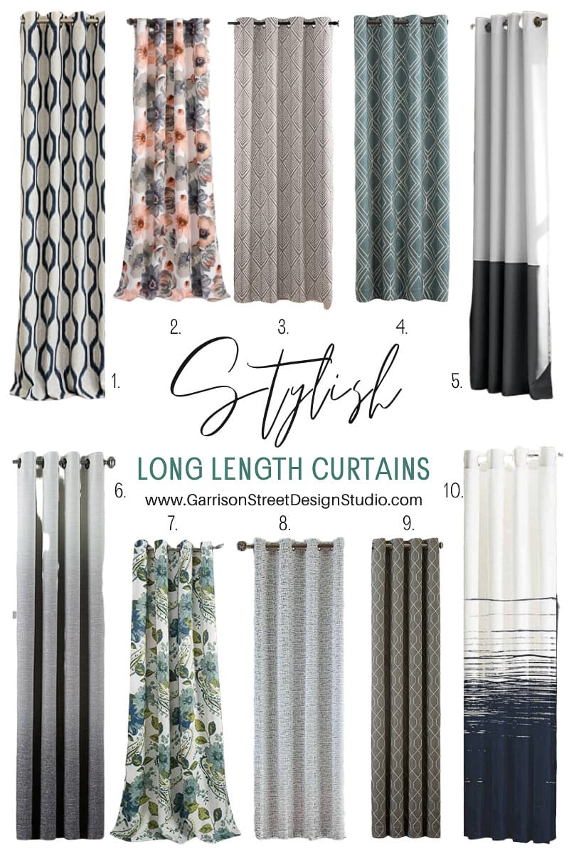 Explore a selection of ten stylish, long-length curtains in various patterns and colors, including geometric, floral, and abstract designs. Each curtain is uniquely numbered from 1 to 10, showcased beautifully on a pristine white background.
