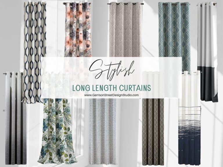A collage of various stylish long-length curtains with different patterns and colors, including geometric, floral, and abstract designs. Text in the center reads: "Stylish Long Length Curtains" with a website link below.