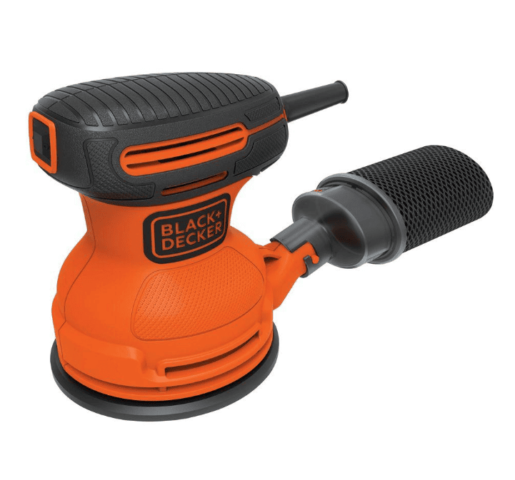 An orange and black Black+Decker orbital sander with a dust collection attachment, perfect for DIY projects like building yard Jenga. The sander features ergonomic grips and a compact design for easy handling.