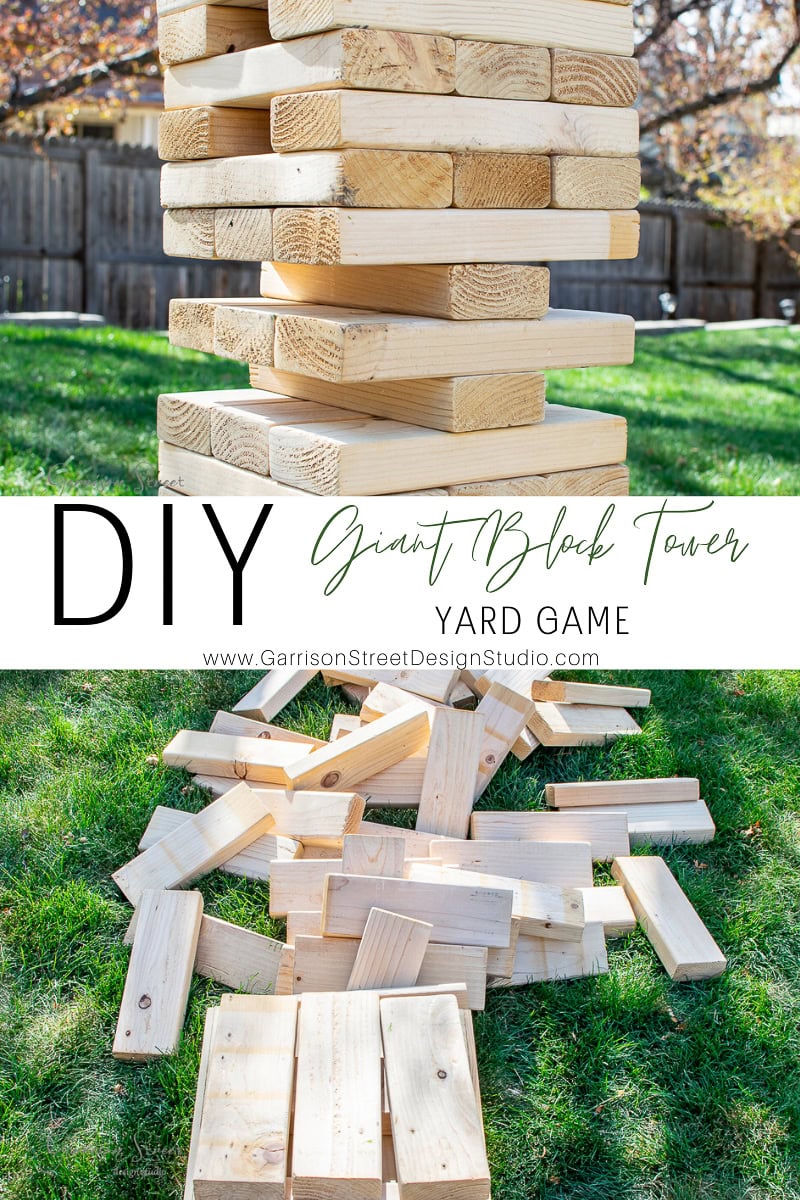 A large wooden block tower is stacked on grass with a backyard fence in the background. Below it, several wooden blocks are scattered on the grass. Text reads: "DIY Giant Yard Jenga Game.