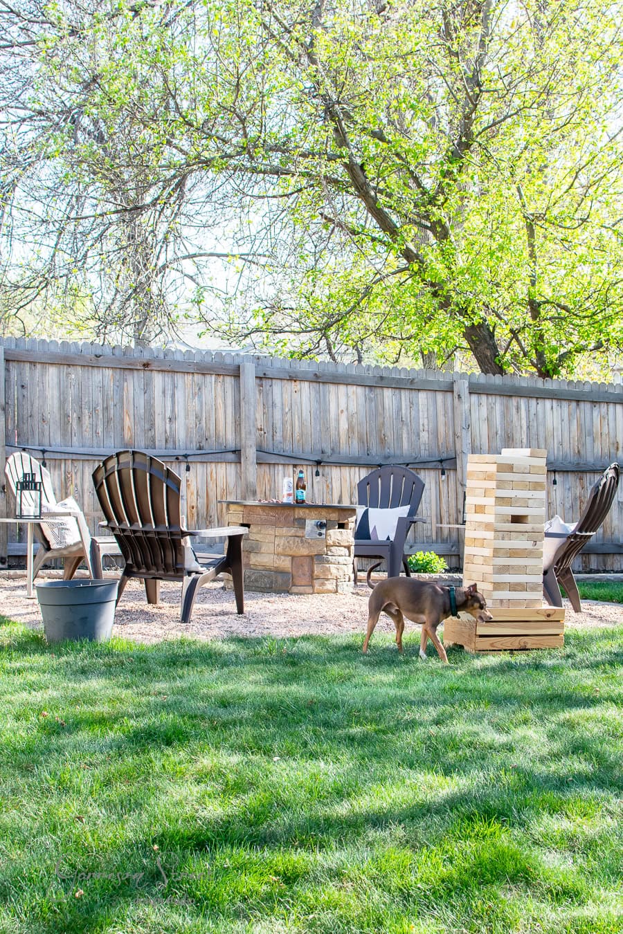 A backyard scene features DIY Adirondack chairs around a fire pit, with a wooden fence in the background and a large Jenga tower on the grass. A small dog curiously inspects the Jenga blocks, while trees with green leaves stand beyond the fence.