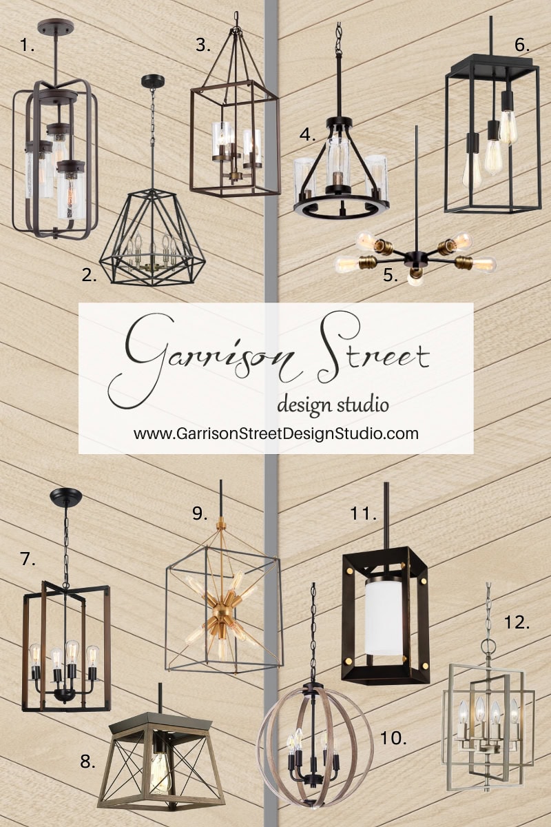 A collage of twelve distinct modern light fixtures illuminates a wooden background, showcasing designs like lanterns, chandeliers, and pendant lights perfect for an entryway. "Garrison Street Design Studio" is elegantly displayed at the center.
