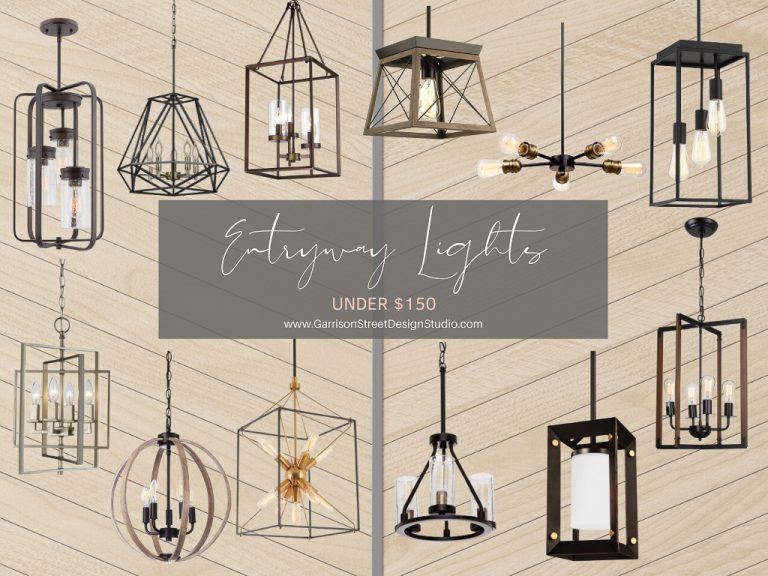 A collage of various modern entryway lights, including chandeliers and pendant lights, with a text overlay that reads "Entryway Lights UNDER $150" and a website link at the bottom. The background features a light wood texture.