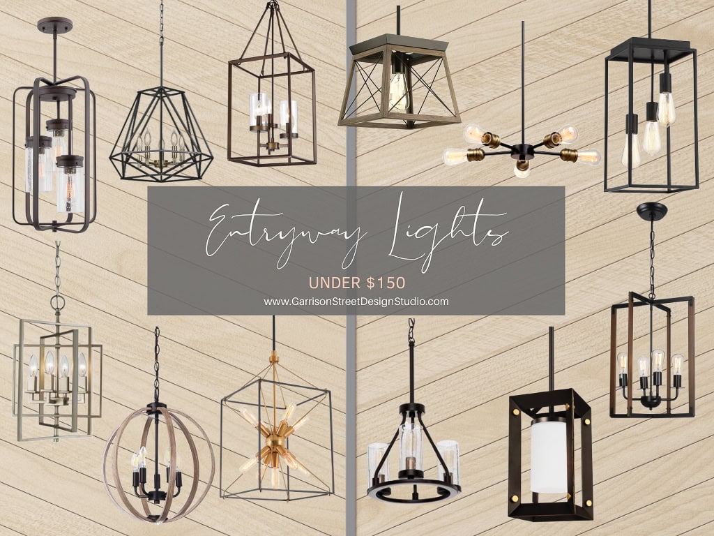 A collage of various modern entryway lights, including chandeliers and pendant lights, with a text overlay that reads "Entryway Lights UNDER $150" and a website link at the bottom. The background features a light wood texture.