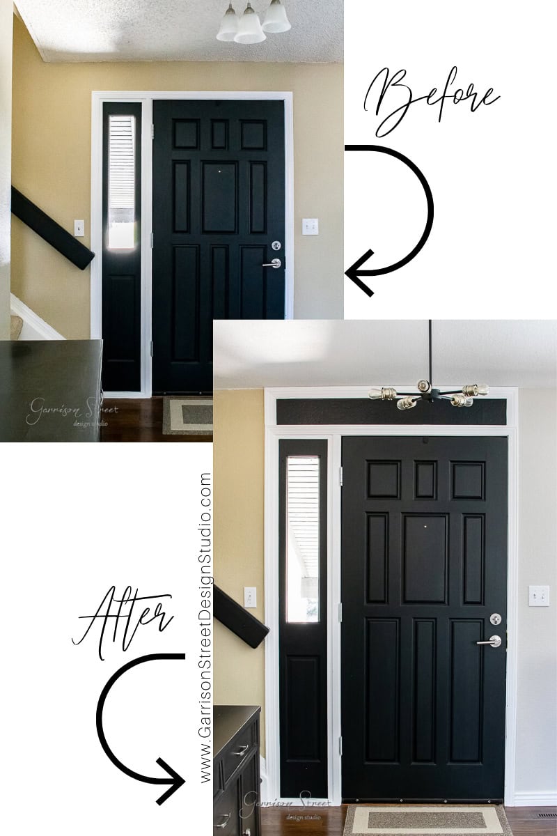 The transformation showcases stunning before and after images of an entryway. The "before" image reveals a beige wall and basic light fixture. In the "after" view, a refreshed white wall, modern light fixture, and taller front door invite you to visit carsonstreetdesignstudio.com.