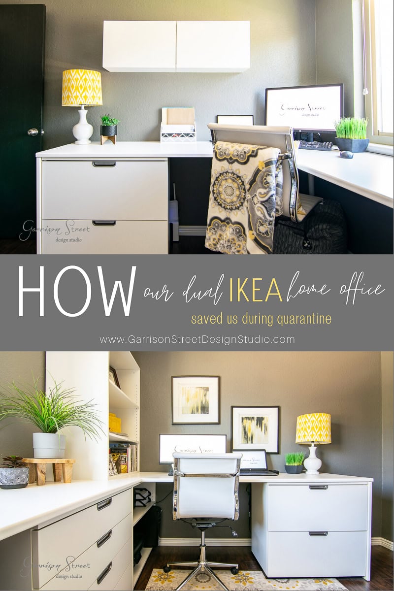 Split image of a home office with IKEA furniture. Top shows a stylish desk, ergonomic chair, sleek lamp, and practical wall shelves. Bottom features another well-organized desk with decor and smart storage solutions. Text reads, "How our dual IKEA home office saved us during quarantine."