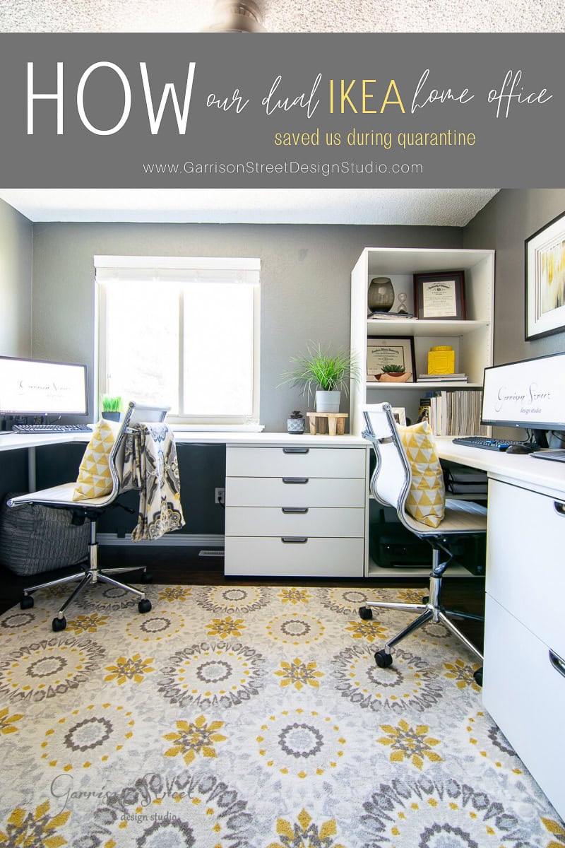 Modern dual home office with two IKEA desks, ergonomic chairs, and decorative elements. The bright space features large windows and an inviting beige and gray rug with yellow accents. Organized shelves complete the design, creating a perfect home office ambiance reminiscent of quarantine days.