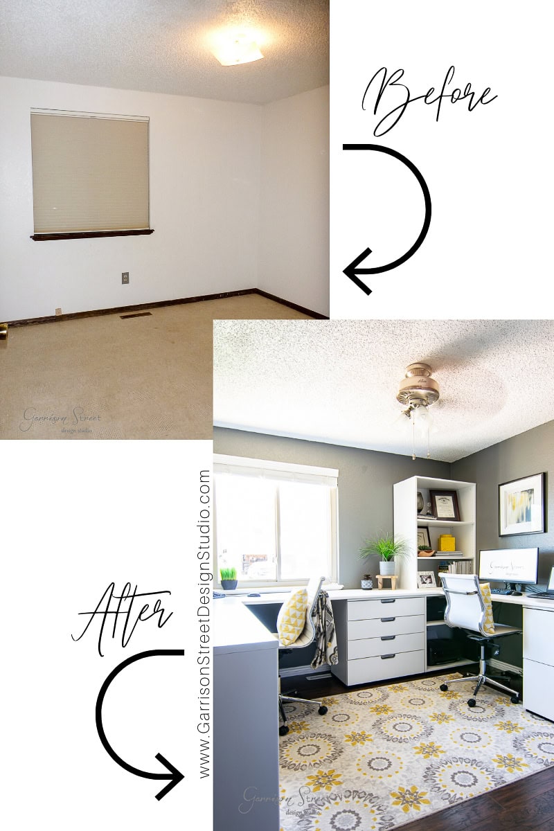 A split image reveals a before and after room transformation. The plain room with closed window shades becomes a modern home office, featuring an IKEA desk, chair, shelves, plants, and a patterned rug. Arrows highlight the change.