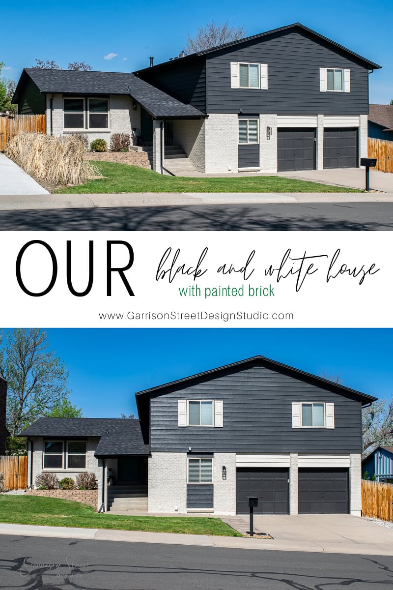 A split-level house with sleek black siding and white painted brick, featuring a two-car garage and a neatly landscaped yard. Text reads: "OUR elegantly designed black and white house" and "www.GarrisonStreetDesignStudio.com.