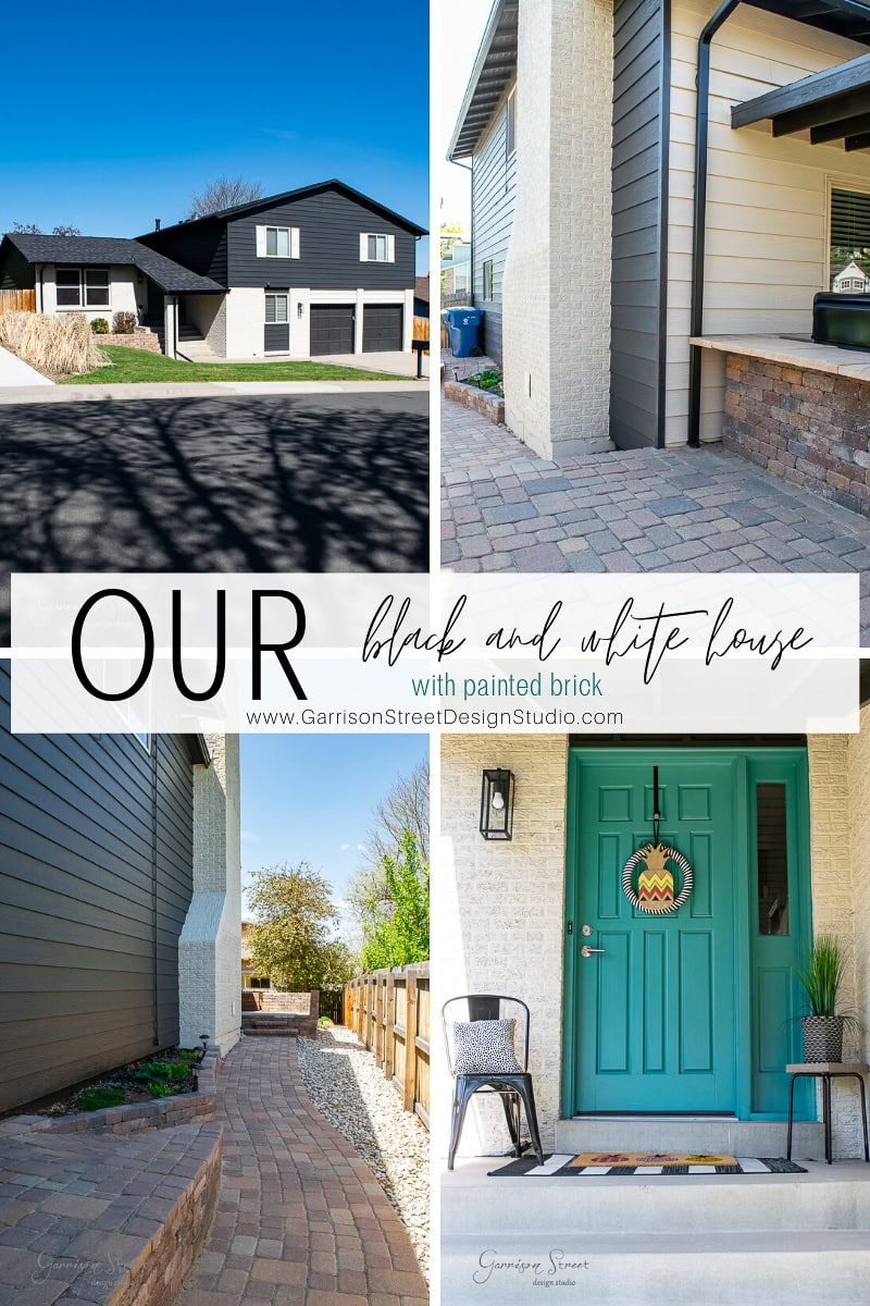 Collage of a modern black-and-white house with elegantly painted brick. Features views of the exterior, a turquoise front door adorned with a wreath, and a paved walkway. Text reads, "Our black and white home with artfully painted brick" and "www.GarrisonStreetDesignStudio.com.
