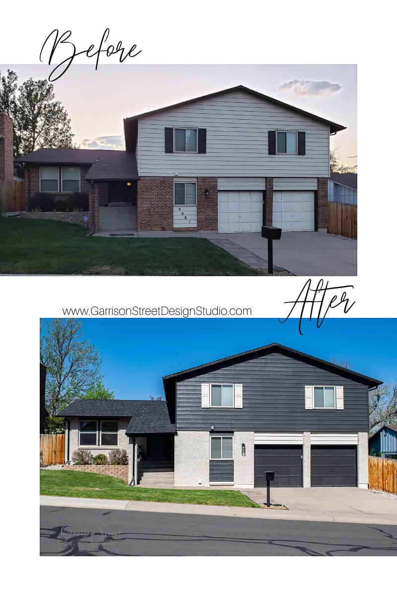 Two photos show a house's transformation. The "before" image displays a two-story brick and white siding home with dark shutters. The "after" image reveals a modernized black and white exterior with updated landscaping and a sleek garage design.