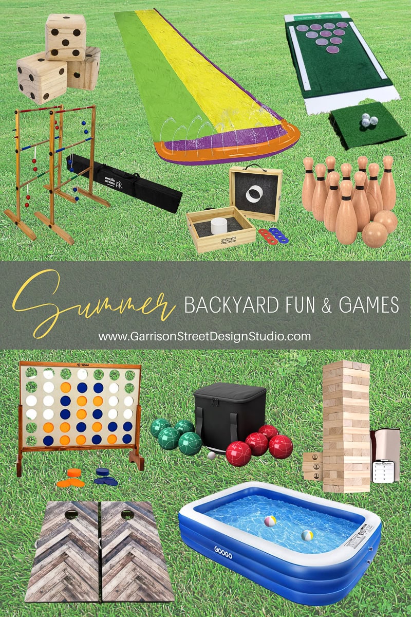 A vibrant collage of outdoor games on lush grass, featuring giant dice, ladder toss, shuffleboard, and more. Enjoy bowling, ring toss, Jenga, Connect Four, cornhole, and bocce alongside an inflatable pool. Text reads "Summer Backyard Fun & Games.