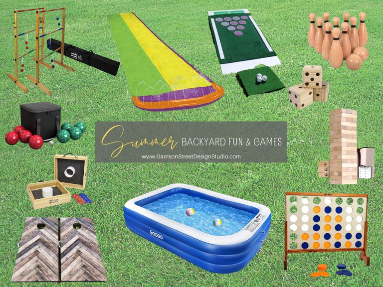 Collage of backyard games on grass, including ladder toss, slip and slide, mini golf, bowling, bocce ball, large dice, Jenga, cornhole, inflatable pool, and giant Connect Four. Text reads "Summer Backyard Fun & Games.