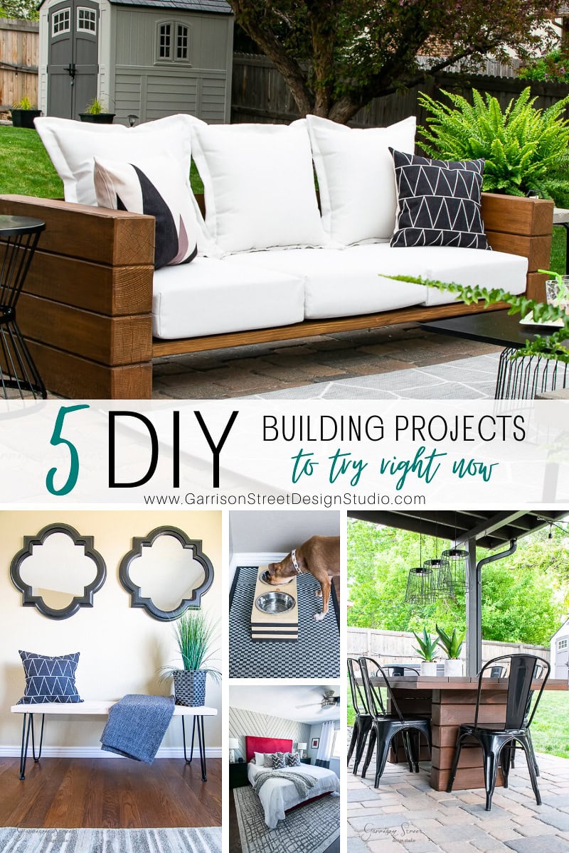 Collage of five DIY building projects: an outdoor sofa with white cushions, a wall adorned with decorative mirrors, a dog enjoying a raised bowl, a dining table under a pergola, and a cozy bedroom. Text reads "5 DIY Building Projects to try right now.