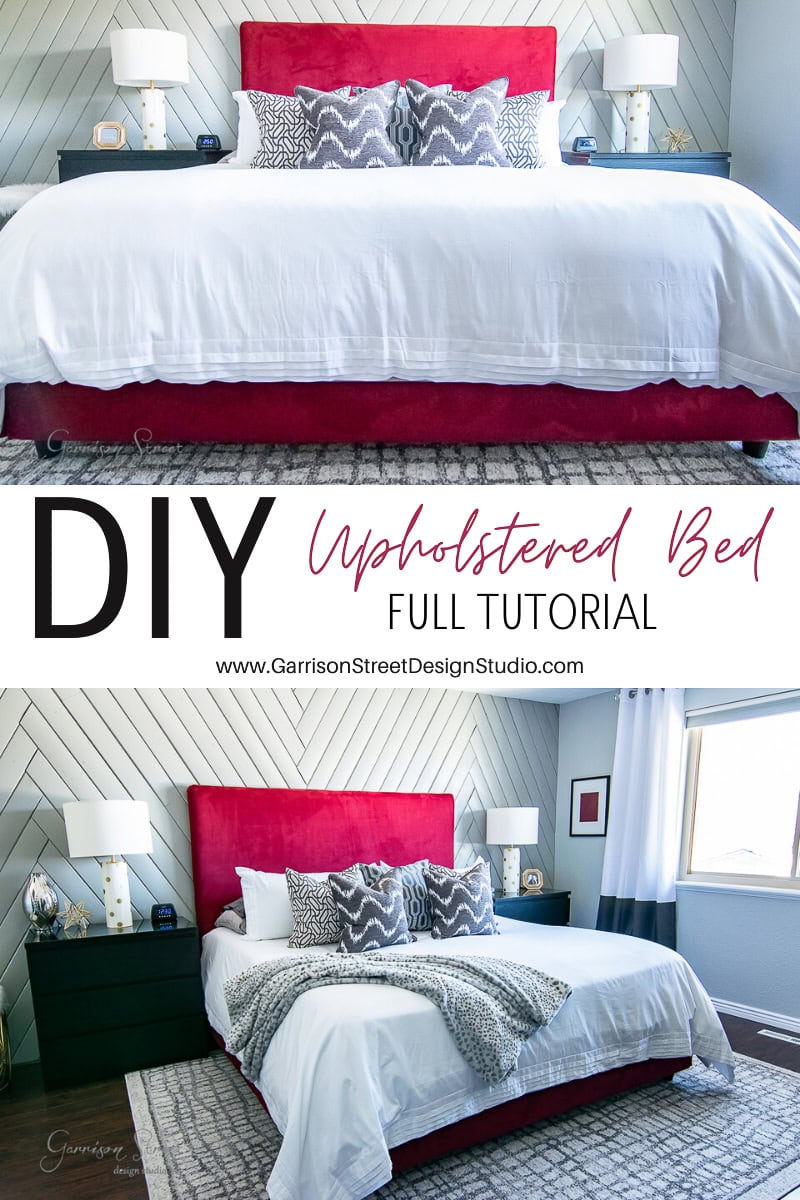 Bedroom featuring a red upholstered bed with a chevron-patterned headboard, white bedding, and patterned throw pillows. Two nightstands hold lamps and decor items. The wall behind has a herringbone design. Text on image: "DIY Upholstered Bed Full Tutorial for Your Next Project.