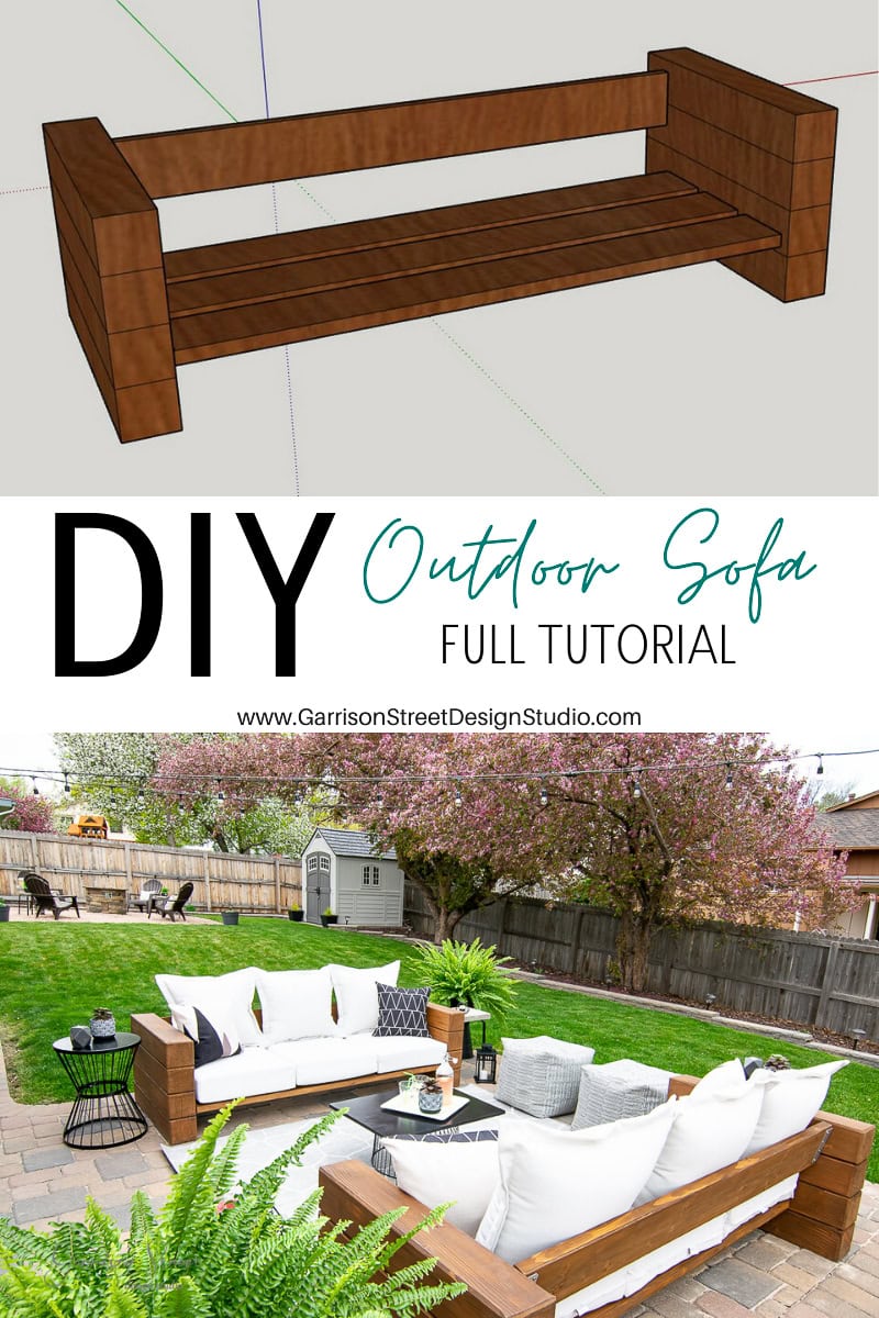A digital mockup and a completed wooden outdoor sofa are shown, perfect for a DIY building project. The mockup is at the top, highlighting a basic construction design. Below, the finished sofa sits on a patio with white cushions, surrounded by greenery and blooming trees.