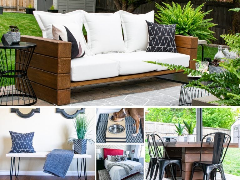 Collage of interior and exterior designs: a wooden outdoor sofa with white cushions, a modern bench with pillows, a dog eating from a bowl on a mat, a cozy bedroom, and a dining table with black chairs on a wooden deck surrounded by greenery.