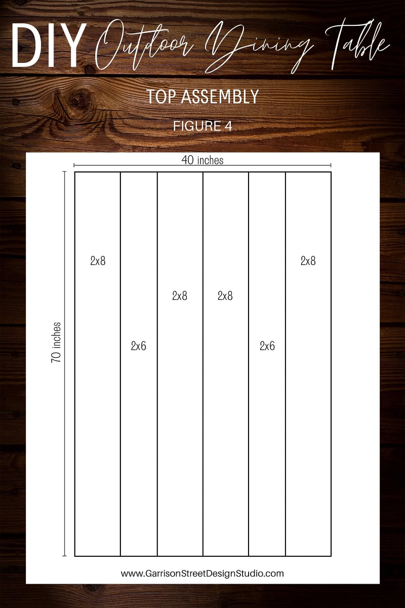 Diagram of a DIY Outdoor Table showing the assembly of a dining tabletop with labeled planks. The design features three 2x8 and two 2x6 planks arranged vertically, measuring 70 inches high and 40 inches wide, perfect for your next project in creating the ideal outdoor setting.