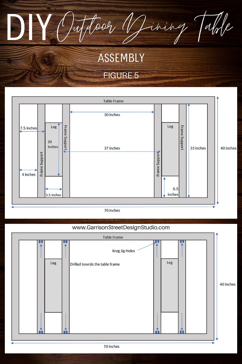 Blueprint for a DIY Outdoor Table with detailed measurements. Shows top and side views with dimensions for the table frame, legs, and support elements. Includes notes on hole placement and precise assembly instructions to ensure your dining masterpiece comes together seamlessly.