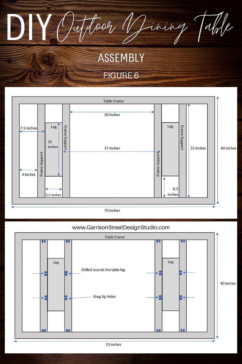 Assembly instructions for your DIY Outdoor Table. The diagram shows two views with measurements, including dimensions for the table frame, legs, and support spacers. The table is 70 inches long and 40 inches wide, making it a perfect centerpiece for any outdoor dining space.