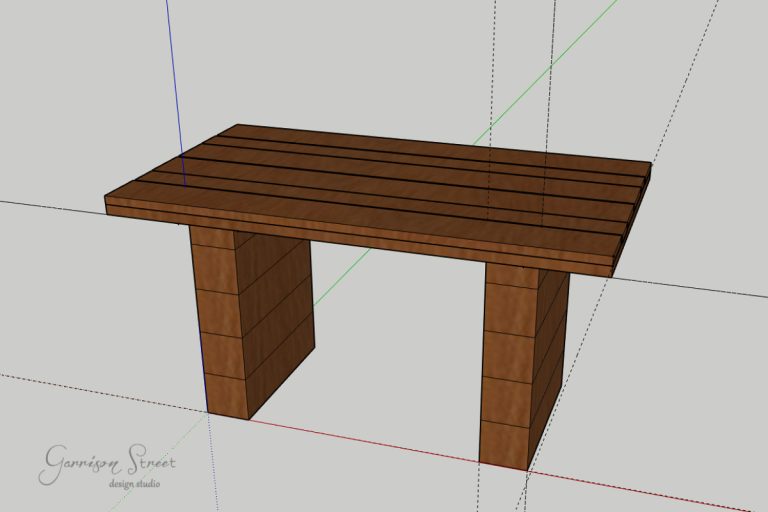A 3D model of a wooden table with a slatted top and two block-style legs. The table is shown in a digital design environment with construction lines.