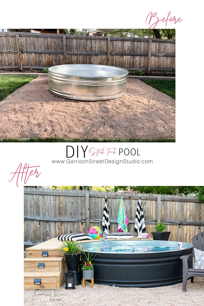 Before and after images showcase a stock tank pool transformation. The "before" picture presents a plain metal tank on gravel, while the "after" image reveals a beautifully decorated pool complete with wooden steps, lush plants, towels, and stylish pool accessories.